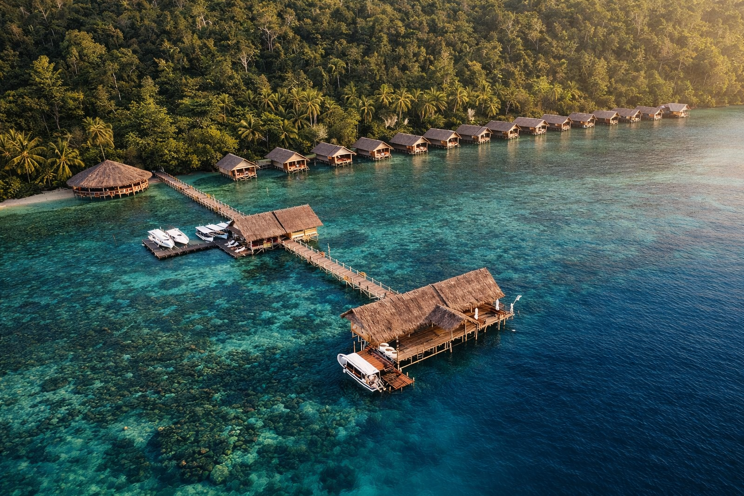 Pemandangan aerial pulau-pulau Raja Ampat yang memukau dengan air biru jernih