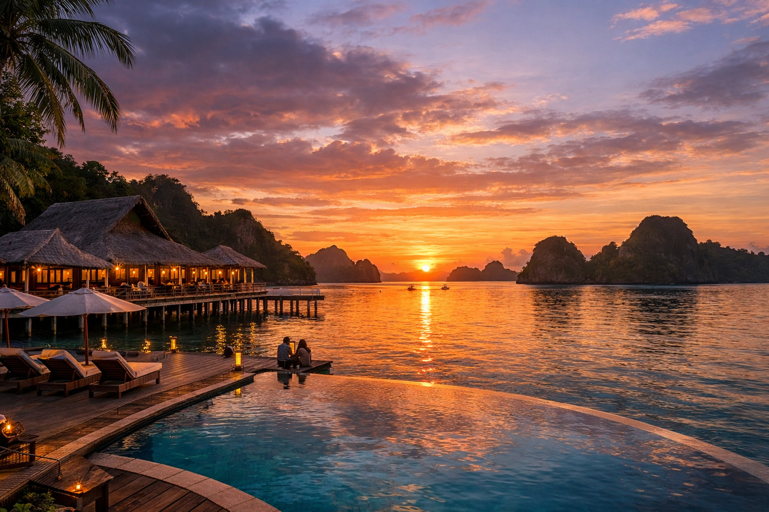 Resort di tepi laut Raja Ampat dengan pemandangan sunset yang indah